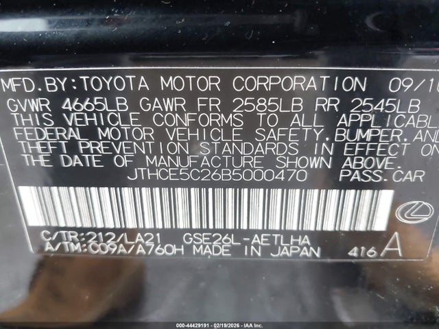 44429191 :رقم المزاد ، JTHCE5C26B5000470 vin ، 2011 Lexus Is 350 مزاد بيع