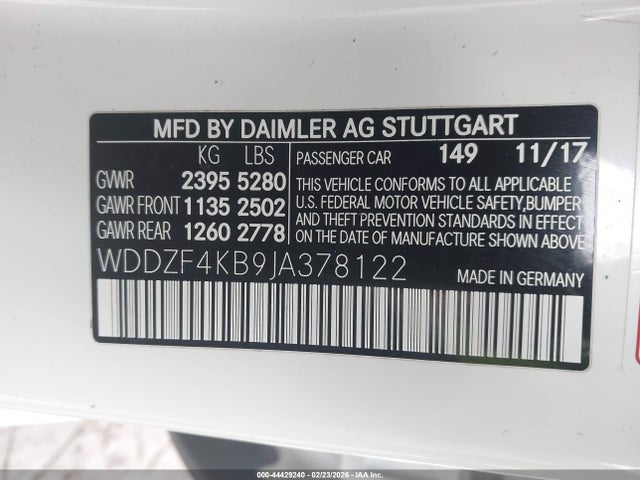 44429240 :رقم المزاد ، WDDZF4KB9JA378122 vin ، 2018 Mercedes-benz E 300 4matic مزاد بيع