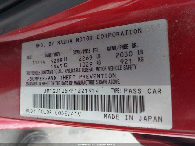 2015 Mazda Mazda6 I Sport მანქანა იყიდება აუქციონზე, vin: JM1GJ1U57F1221914, აუქციონის ნომერი: 44429278
