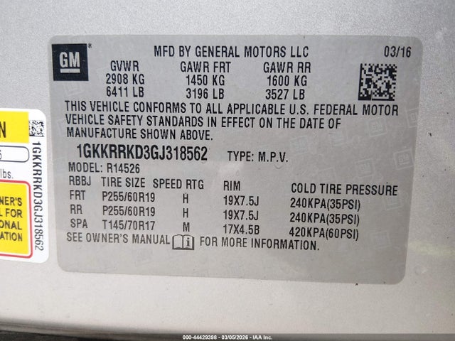 1GKKRRKD3GJ318562 GMC Acadia Slt-1