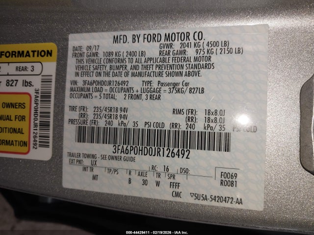 Ford FUSION SE 2018 3FA6P0HD0JR126492 Image 9