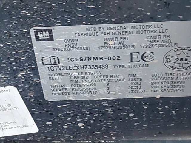 44429424 :رقم المزاد ، 1GTV2LECXHZ335438 vin ، 2017 Gmc Sierra 1500 مزاد بيع