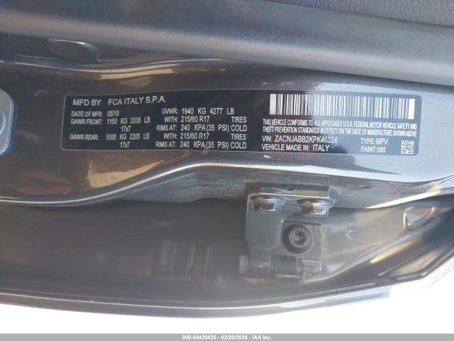 Aukcja sprzedaży 2019 Jeep Renegade Latitude Fwd, vin: ZACNJABB2KPK46324, numer aukcji: 44429425