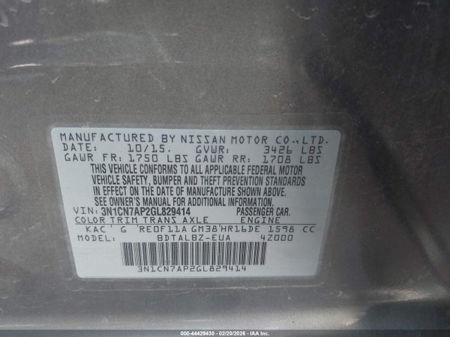 3N1CN7AP2GL829414 Nissan Versa 1.6 S/1.6 S+/1.6 Sl/1.6 Sv