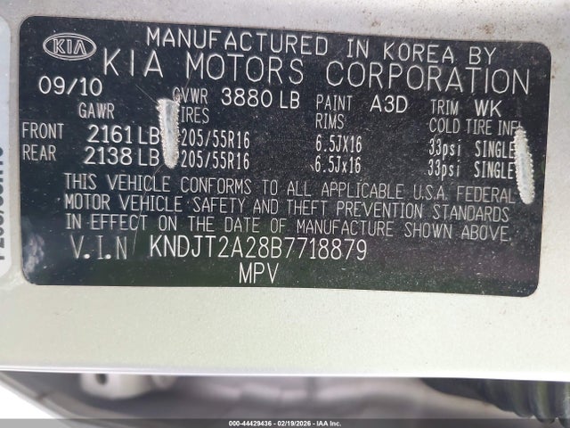 44429436 :رقم المزاد ، KNDJT2A28B7718879 vin ، 2011 Kia Soul + مزاد بيع
