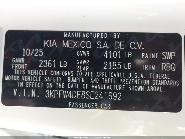 Aukcja sprzedaży 2025 Kia K4 Gt-line, vin: 3KPFW4DE8SE241692, numer aukcji: 44429451