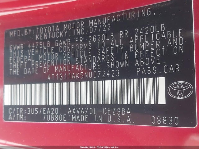 2022 Toyota Camry Se მანქანა იყიდება აუქციონზე, vin: 4T1G11AK5NU072423, აუქციონის ნომერი: 44429453