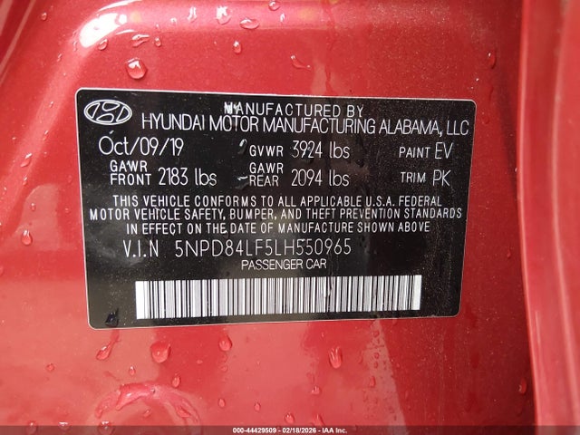 44429509 :رقم المزاد ، 5NPD84LF5LH550965 vin ، 2020 Hyundai Elantra Sel مزاد بيع