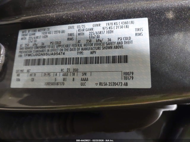 Продаж на аукціоні авто 2025 Ford Escape Active, vin: 1FMCU0GN9SUA95474, номер лоту: 44429521