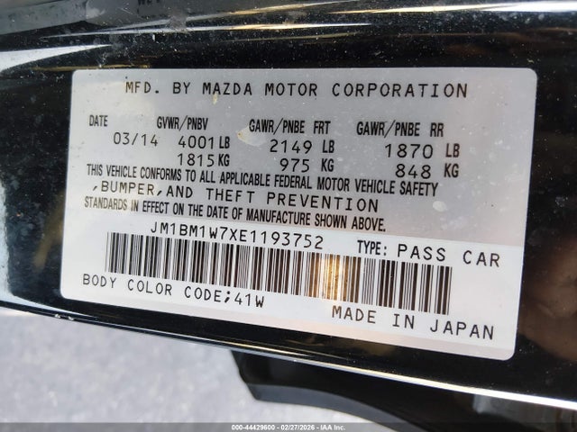 44429600 :رقم المزاد ، JM1BM1W7XE1193752 vin ، 2014 Mazda Mazda3 I Grand Touring مزاد بيع
