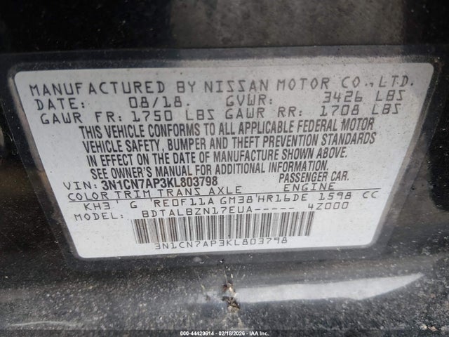 3N1CN7AP3KL803798 Nissan Versa 1.6 Sv