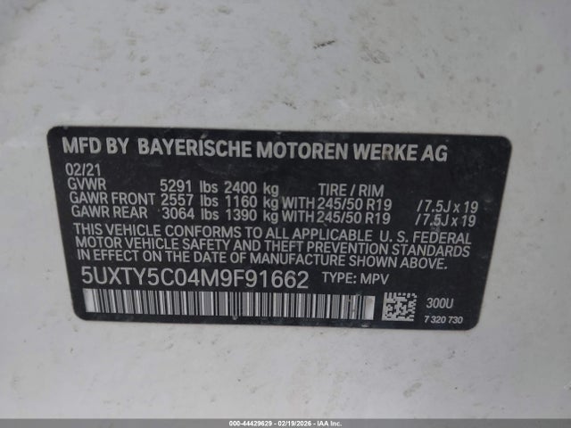 44429629 :رقم المزاد ، 5UXTY5C04M9F91662 vin ، 2021 Bmw X3 Xdrive30i مزاد بيع