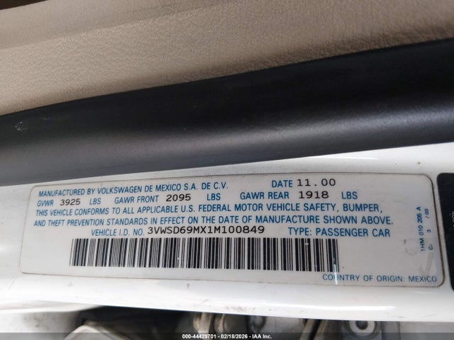 Продаж на аукціоні авто 2001 Volkswagen Jetta Gls 1.8l Turbo, vin: 3VWSD69MX1M100849, номер лоту: 44429701