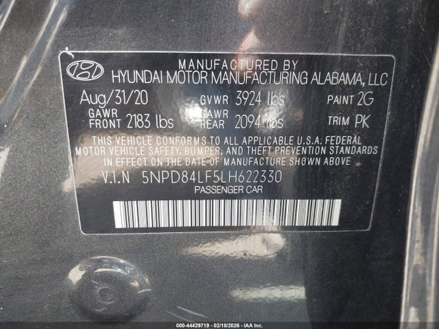 44429719 :رقم المزاد ، 5NPD84LF5LH622330 vin ، 2020 Hyundai Elantra Sel مزاد بيع