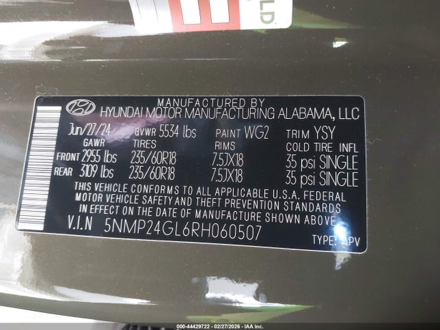 Продаж на аукціоні авто 2024 Hyundai Santa Fe Sel, vin: 5NMP24GL6RH060507, номер лоту: 44429722