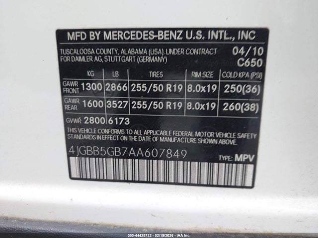 Aukcja sprzedaży 2010 Mercedes-benz Ml 350, vin: 4JGBB5GB7AA607849, numer aukcji: 44429732