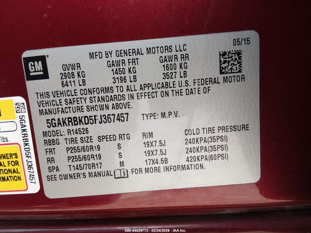 Aukcja sprzedaży 2015 Buick Enclave Leather, vin: 5GAKRBKD5FJ367457, numer aukcji: 44429772