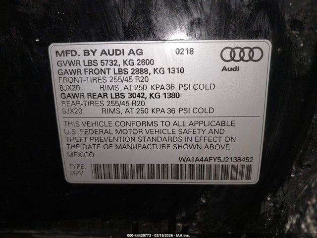 Продаж на аукціоні авто 2018 Audi Sq5 3.0t Premium Plus, vin: WA1A4AFY5J2138452, номер лоту: 44429773