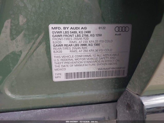 WA15AAFY8N2059163 Audi Q5 Sportback Premium Plus 45 Tfsi S Line Quattro S Tronic