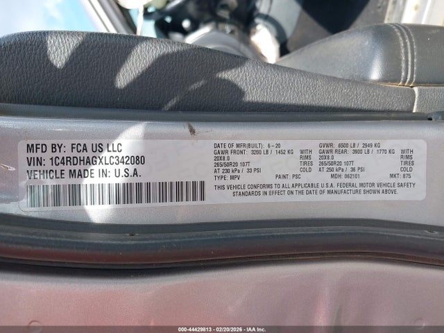 44429813 :رقم المزاد ، 1C4RDHAGXLC342080 vin ، 2020 Dodge Durango Sxt Plus Rwd مزاد بيع