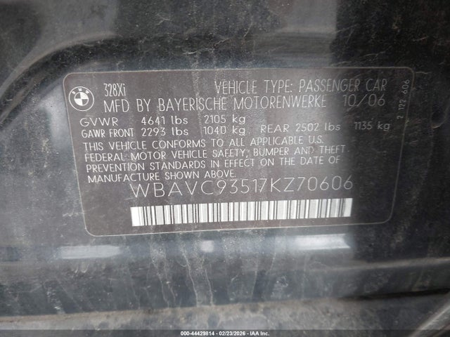 44429814 :رقم المزاد ، WBAVC93517KZ70606 vin ، 2007 Bmw 328xi مزاد بيع