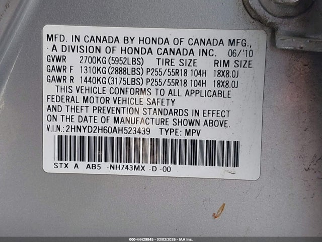 Продажа на аукционе авто 2010 Acura Mdx Technology Package, vin: 2HNYD2H60AH523439, номер лота: 44429845