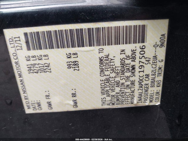 2012 Nissan Altima 2.5 S მანქანა იყიდება აუქციონზე, vin: 1N4AL2AP0CC197506, აუქციონის ნომერი: 44429889