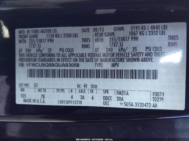 44429918 :رقم المزاد ، 1FMCU9G99GUA93058 vin ، 2016 Ford Escape Se مزاد بيع