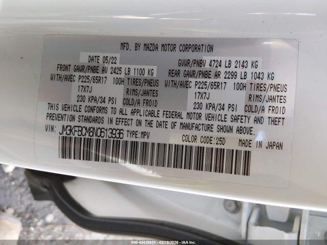 Aukcja sprzedaży 2022 Mazda Cx-5 2.5 S Preferred, vin: JM3KFBCM8N0613936, numer aukcji: 44429931