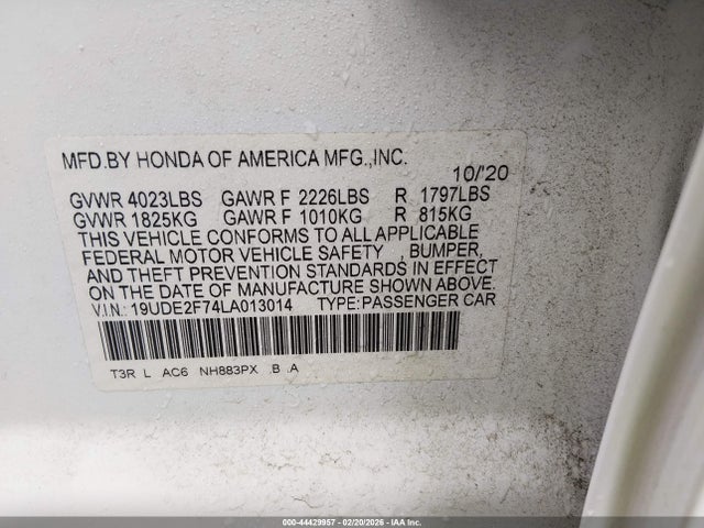 44429957 :رقم المزاد ، 19UDE2F74LA013014 vin ، 2020 Acura Ilx Premium Package/technology Package مزاد بيع