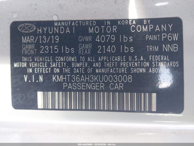 44429960 :رقم المزاد ، KMHT36AH3KU003008 vin ، 2019 Hyundai Veloster N مزاد بيع
