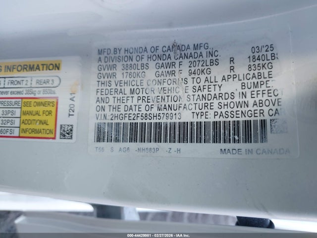 2025 HONDA CIVIC 2HGFE2F58SH579913 Photo 8