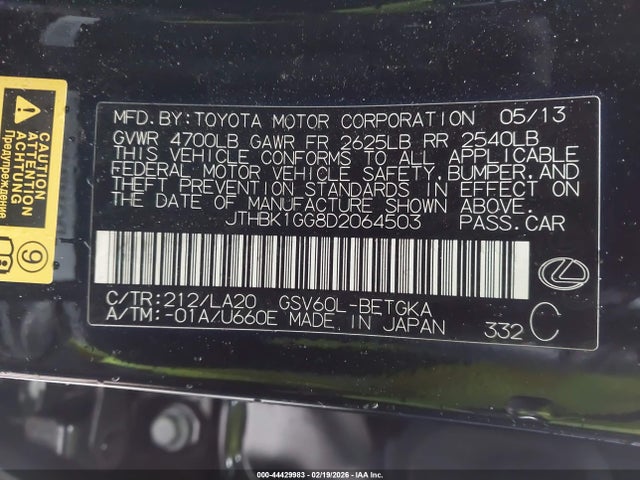 44429983 :رقم المزاد ، JTHBK1GG8D2064503 vin ، 2013 Lexus Es 350 مزاد بيع