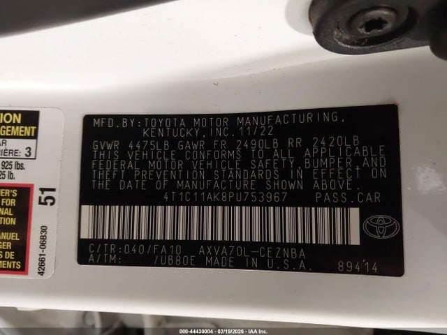 2023 Toyota Camry Le მანქანა იყიდება აუქციონზე, vin: 4T1C11AK8PU753967, აუქციონის ნომერი: 44430004