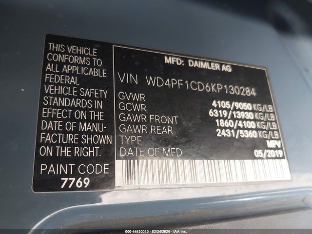 2019 Mercedes-benz Sprinter 2500 High Roof V6 მანქანა იყიდება აუქციონზე, vin: WD4PF1CD6KP130284, აუქციონის ნომერი: 44430010