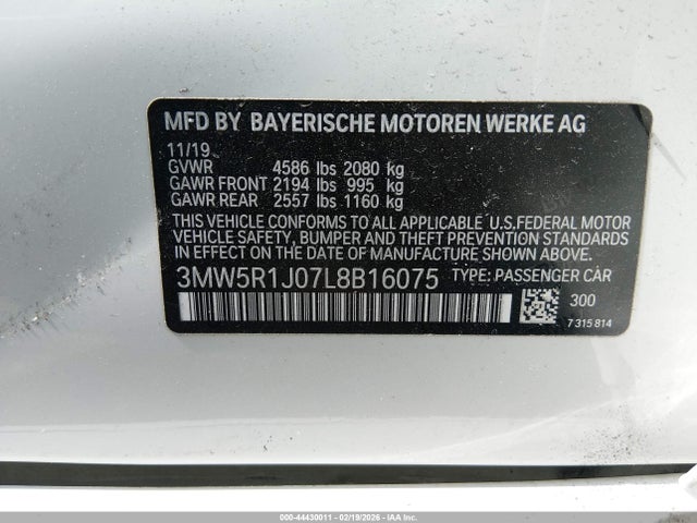 44430011 :رقم المزاد ، 3MW5R1J07L8B16075 vin ، 2020 Bmw 330i مزاد بيع
