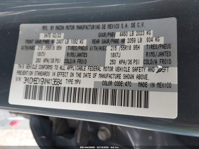 44430065 :رقم المزاد ، 3MVDMBDY9NM413684 vin ، 2022 Mazda Cx-30 2.5 Turbo Premium مزاد بيع