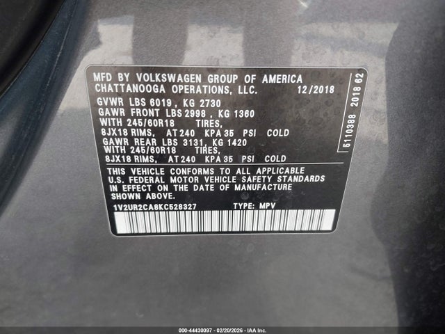 Aukcja sprzedaży 2019 Volkswagen Atlas 3.6l V6 Se W/technology, vin: 1V2UR2CA8KC528327, numer aukcji: 44430097