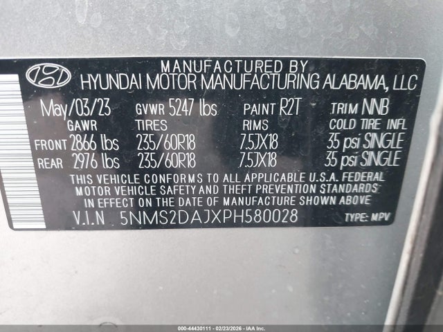 Aukcja sprzedaży 2023 Hyundai Santa Fe Sel, vin: 5NMS2DAJXPH580028, numer aukcji: 44430111