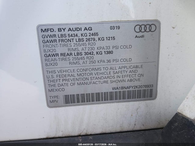 Aukcja sprzedaży 2019 Audi Q5 45 Premium, vin: WA1BNAFY2K2076933, numer aukcji: 44430126