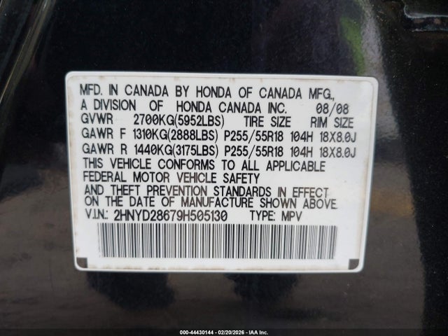 44430144 :رقم المزاد ، 2HNYD28679H505130 vin ، 2009 Acura Mdx Technology Package مزاد بيع
