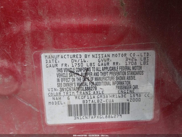 3N1CN7APXGL886279 Nissan Versa 1.6 S/1.6 S+/1.6 Sl/1.6 Sv