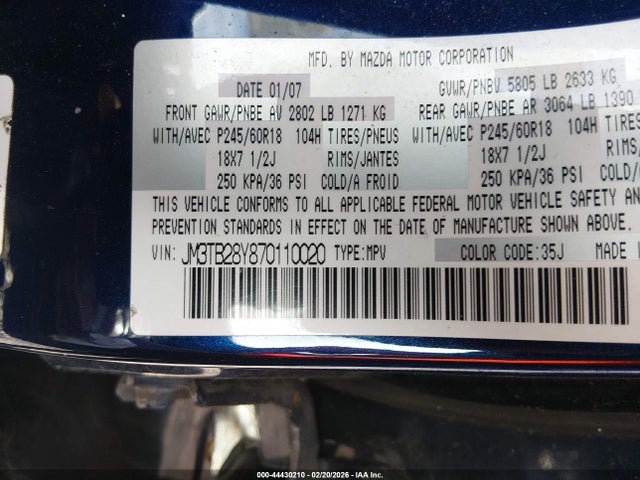 44430210 :رقم المزاد ، JM3TB28Y870110020 vin ، 2007 Mazda Cx-9 Sport مزاد بيع