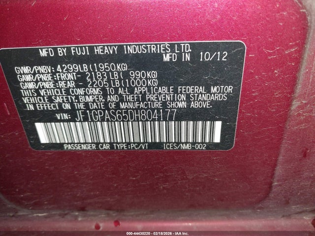 44430220 :رقم المزاد ، JF1GPAS65DH804177 vin ، 2013 Subaru Impreza 2.0i Sport Limited مزاد بيع