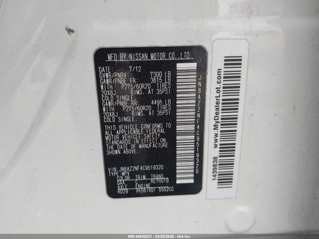 Aukcja sprzedaży 2012 Infiniti Qx56, vin: JN8AZ2NF4C9519320, numer aukcji: 44430231