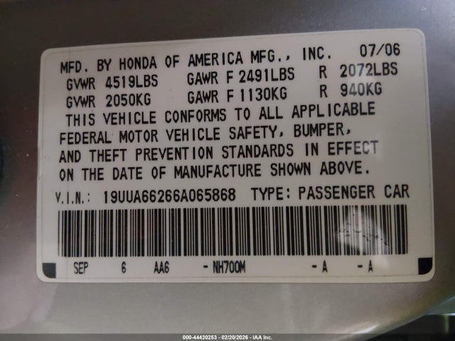 Продажа на аукционе авто 2006 Acura Tl, vin: 19UUA66266A065868, номер лота: 44430253