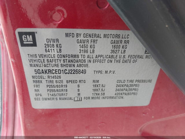 Aukcja sprzedaży 2012 Buick Enclave Leather, vin: 5GAKRCED1CJ226849, numer aukcji: 44430277