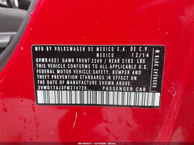 Продаж на аукціоні авто 2015 Volkswagen Jetta 1.8t Se, vin: 3VWD17AJ3FM274729, номер лоту: 44430317