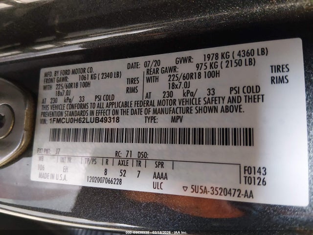 1FMCU0H62LUB49318 Ford ESCAPE SEL