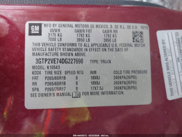 44430372 :رقم المزاد ، 3GTP2VE74DG227690 vin ، 2013 Gmc Sierra 1500 Sle مزاد بيع